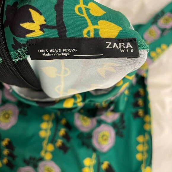 ZARA W/B Drape Ruched Mock Neck Midi Dress Sz S Green Floral 70s Retro Portugal - Picture 9 of 12